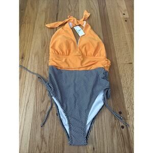 NEW Beachsissi NWT Medium Cheeky Bottom Gold Black White Stripe Women